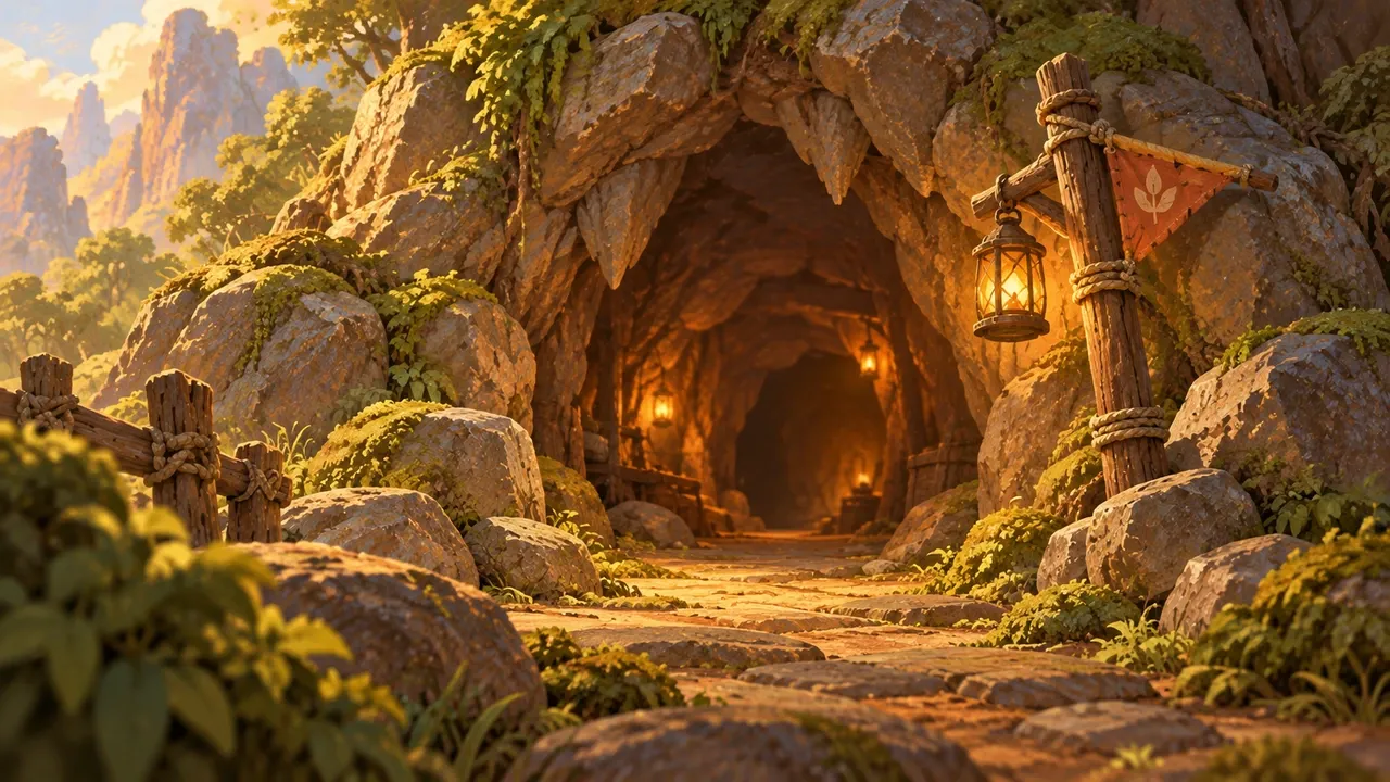 The warmly lit cave entrance where Chapter 1's dispute begins.
