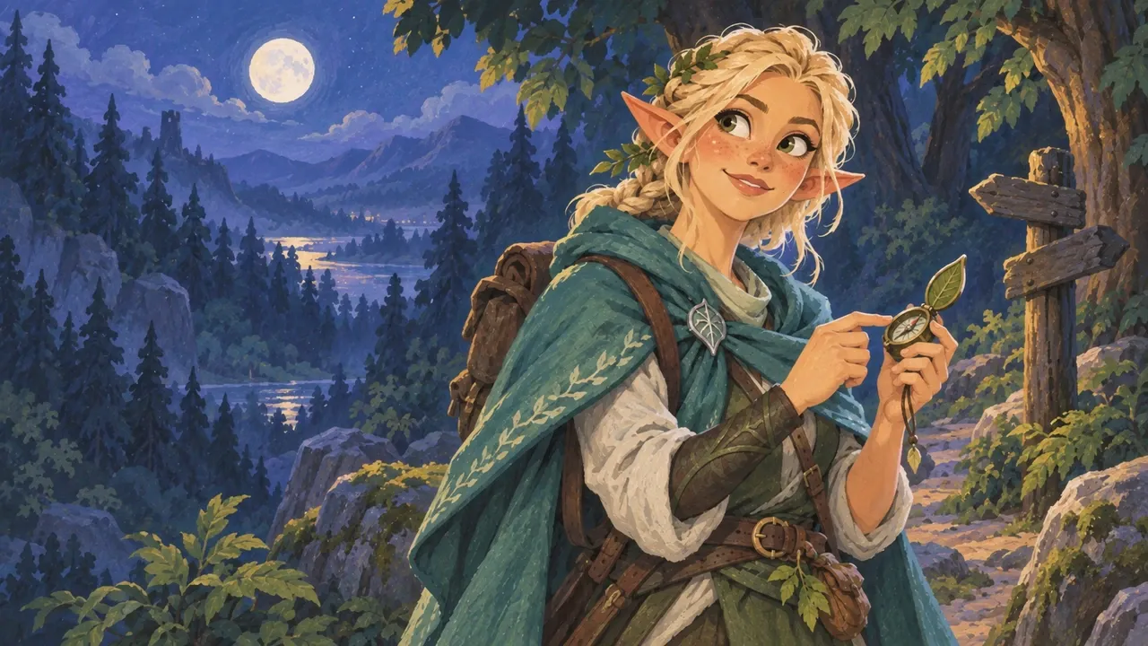 An elf with leaf-shaped equipment enters a moonlit forest to find her lost property.