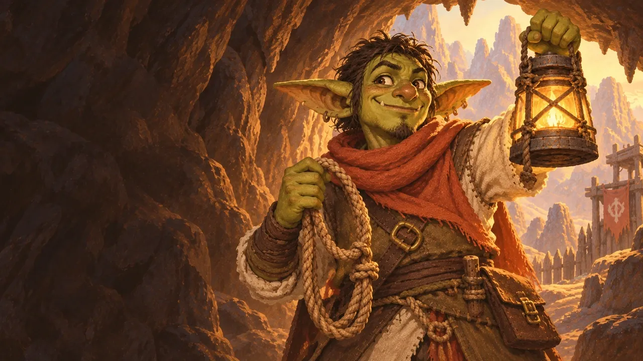 A red-scarfed goblin holds a homemade tool while guarding his cave.