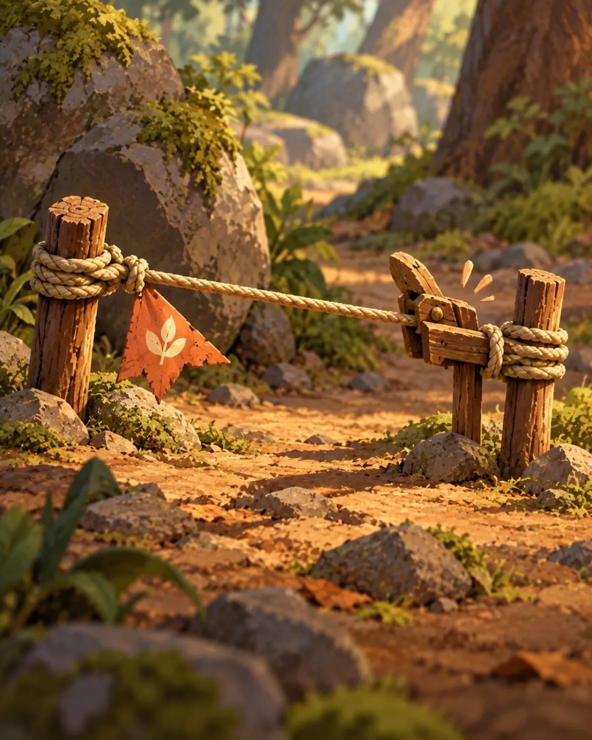 Card art of a goblin mechanism made with wood and rope.