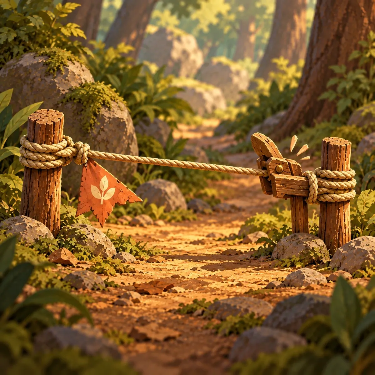 Card art of a goblin mechanism made with wood and rope.